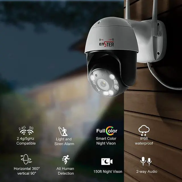 Alt view image 2 of 6 - ENSTER 2.4G/5G Security Camera Outdoor, 5Ghz WiFi Camera, PTZ IP Surveillance Camera for Home Security, Human Detection, Auto Tracking, Color Night Vision, 2-Way Audio, IP66 Waterproof