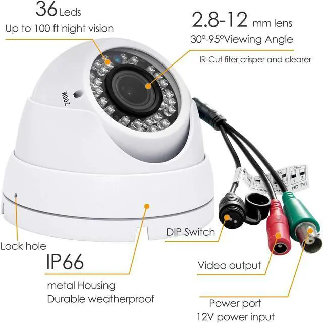Alt view image 2 of 6 - Analog CCTV Camera HD 1080P 4-in-1 (TVI/AHD/CVI/CVBS) Security Dome Camera Outdoor, 2.8mm-12mm Manual Focus/Zoom Varifocal Lens, Weatherproof Metal Housing 36 IR-LEDs Day & Night Monitoring (White)