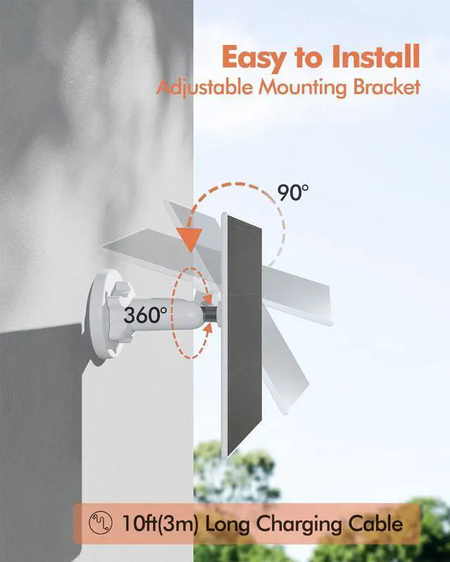 Alt view image 2 of 5 - Dzees USB-C Solar Panel - Compatible with Outdoor Camera Wireless, Continuous Power with 5W 5V Charging, 9.8ft/3M Waterproof Charging Cable, 360°Adjustable Mount
