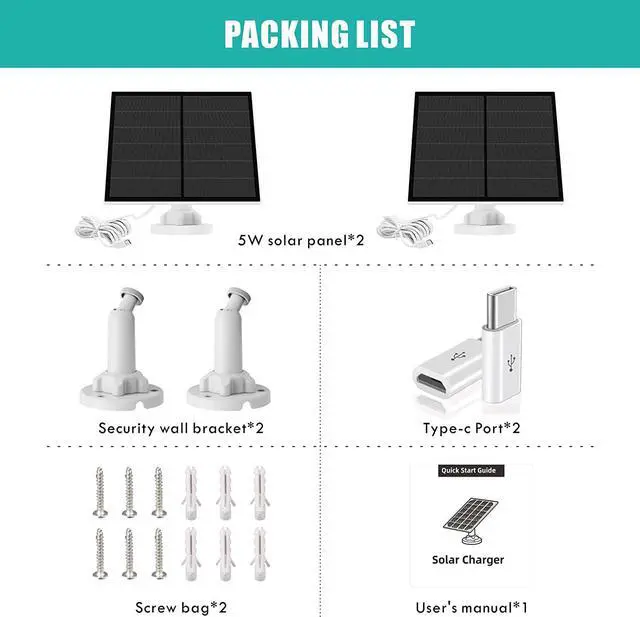 Alt view image 7 of 7 - Solar Panel for Security Camera, 5W USB Solar Panel for Micro USB and USB-C Port Outdoor Rechargeable Battery Camera, Solar Panels with 9.8ft Cable, Adjustable Wall Mount, IP65 Waterproof, 2 Pack