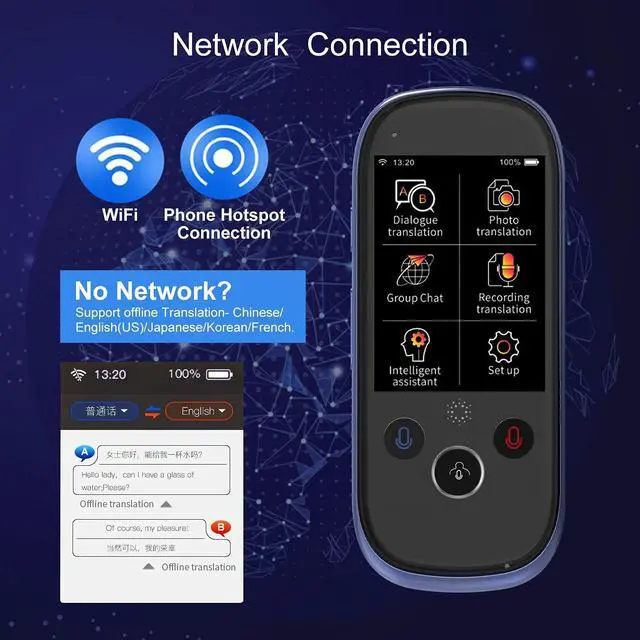 Alt view image 2 of 6 - K1 Pro Smart Voice Translator Device with 2.4 Inch Touchscreen WiFi/Hotspot Connection/Offline Support 77 Languages(Blue)