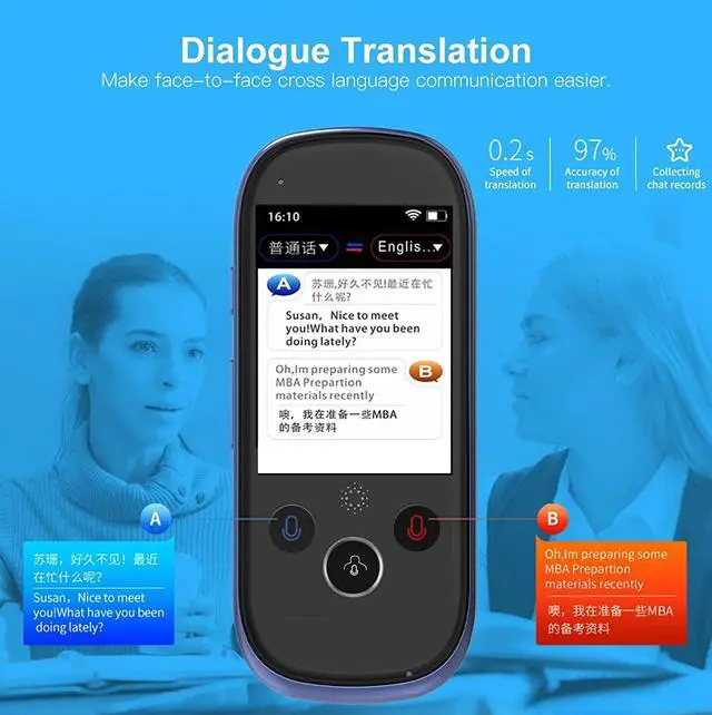 Alt view image 3 of 6 - K1 Pro Smart Voice Translator Device with 2.4 Inch Touchscreen WiFi/Hotspot Connection/Offline Support 77 Languages(Blue)