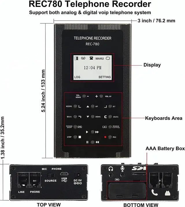 Alt view image 2 of 7 - 32GB Telephone Recorder, Landline Phone Call Recorder for Analog/Digital Telephone Lines System, Automatic Telephone Recording Device, Auto Answering Machine