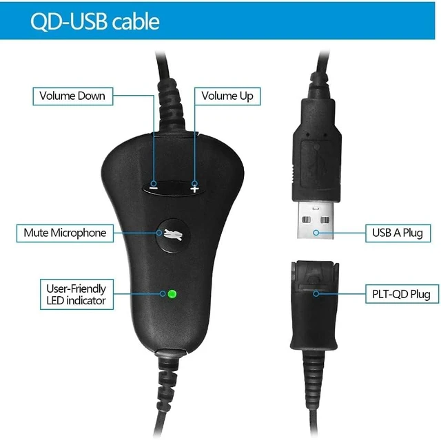 Alt view image 2 of 6 - QD-to-USB Adapter Cable with Volume-Mute - 5PACK for 4-Pin Plantronic-QD Plug Headset