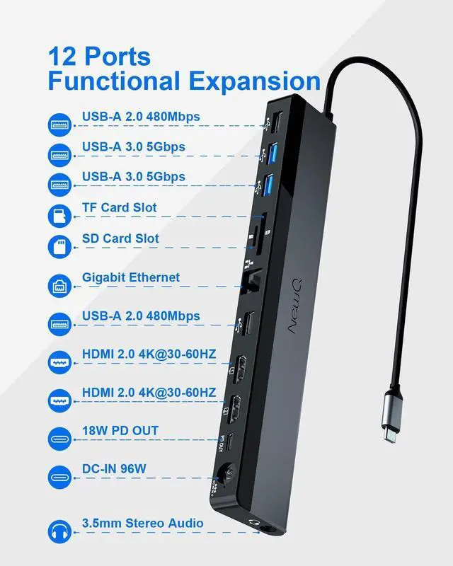 Alt view image 2 of 7 - USB C Docking Station Dual Monitor with Power Adapter: NewQ 12-in-1 Thunderbolt 3 | 4 Dock, Dual 4K HDMI, 4 USB, Audio, Ethernet, SD/TF Slot, 18W PD Out, for Mac, HP, Dell, Lenovo, Surface, Asus, Acer