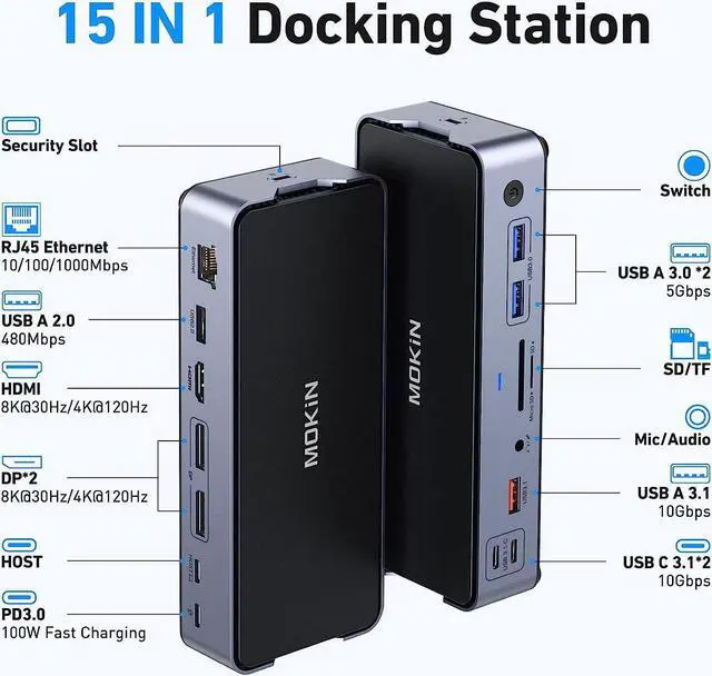 Alt view image 2 of 7 - 8K USB C Laptop Docking Station,Docking Station 3 Monitors with 2*DP&1*HDMI Ports,15 in 1 USB C Dock for Dual/Triple Monitors,6 *USB A/C Ports,100W PD,Ethernet,SD&TF,Audio,for /HP/MacBook/Lenovo
