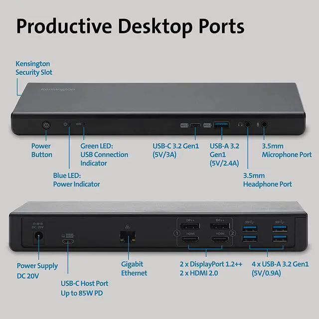 Alt view image 6 of 6 - Kensington SD4750P USB-C Docking Station for Windows, MacBook, Surface and Chromebooks \u2013 Dual 4K Video, 85W PD (K39105NA)