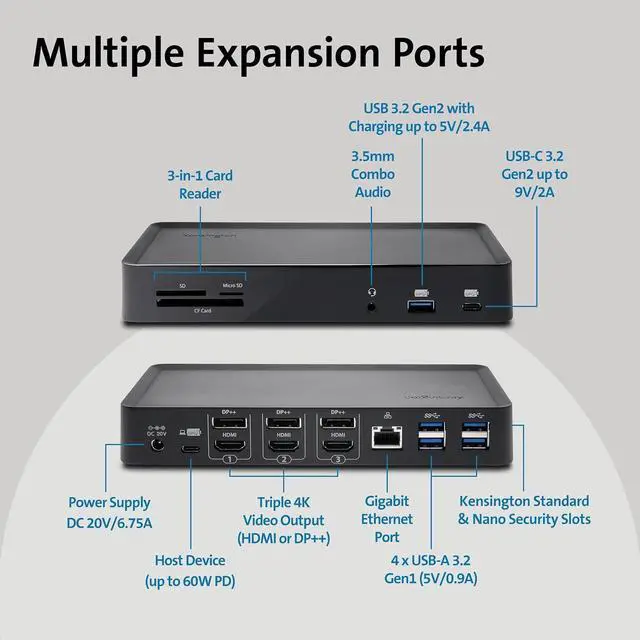 Alt view image 6 of 6 - Kensington SD4900P Triple 4k Display Docking Station for Windows, MacBooks and Surface - 60W PD; USB-C, Thunderbolt 3/4 & USB-A (K36800NA)