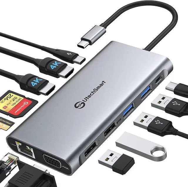 Main image of UtechSmart USB C Docking Station Triple Monitor - Universal Laptop Docking Station 12 in 1 for Thunderbolt 3/4, USB C Dock with USB 3.0 and 4K HDMI for MacBook Pro/Air/M1/M2 & Windows Gray