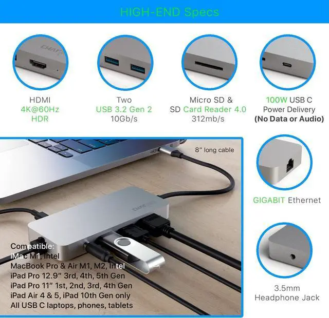 Alt view image 6 of 7 - USB C Docking Station Gen 2 for MacBook Pro M1 Pro, Max & Air M2, iPad Pro, Air, 4K@60Hz HDMI, 2 USB 3.2 Gen 2, microSD & SD Card 4.0 UHS-II, 100W, Ethernet, 3.5mm, CharJenPro Ultimate Dock USB C Hub