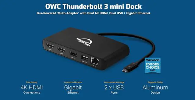 Alt view image 3 of 3 - OWC Thunderbolt Mini Dock, Bus-Powered 5-Port Multi-Adapter with Dual 4K HDMI, Dual USB, Gigabit Ethernet, Integrated 7.2-inch Thunderbolt Cable, for Thunderbolt (USB-C) Equipped Mac and PC
