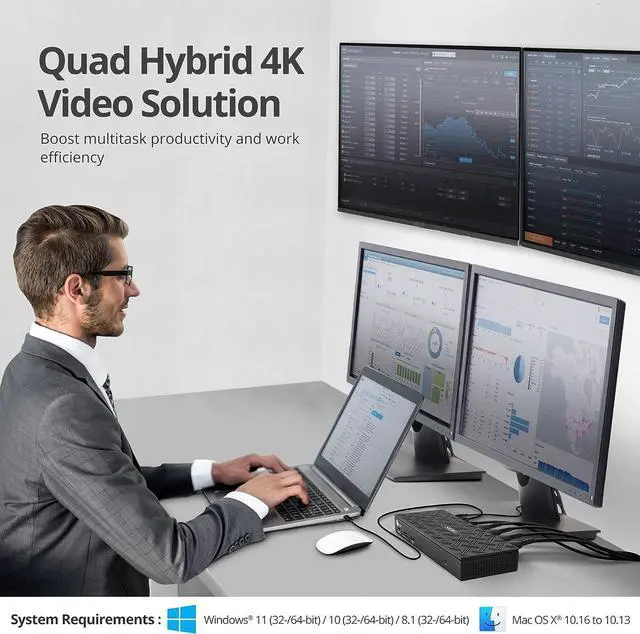 Alt view image 3 of 7 - SIIG USB-C Quad 4K 60Hz Docking Station with 100W PD - Quad 4K@60Hz Monitor Laptop Dock - DisplayLink - 4 HDMI 4 DisplayPort, 4X USB-A, 2X USB-C, Thunderbolt 3 Compatible, 2.5 Gigabit Ethernet