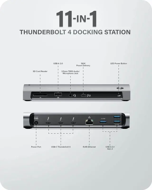 Alt view image 2 of 7 - ALOGIC Thunderbolt 4 Blaze 10-in-1 Docking Station, 3xUSB-C 4.0, 3xUSB-A 3.1 Gen 2, 1xUSB-A 2.0, 96W PD, 4K@60Hz, Audio Jack, Ethernet, SD Card Reader, Windows & Mac Compatible.