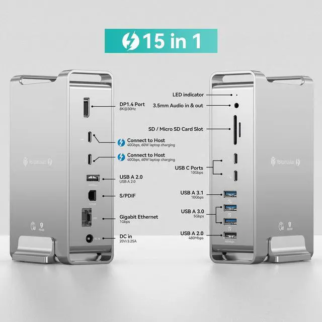 Alt view image 2 of 7 - Yottamaster 40Gbps USB C Docking Station Compatible with Thunderbolt 3, 15 in 1 USB C Dock for Dual 4K Display, DisplayPort, 65W PD Charging, S/PDIF, 6 USB, Gigabit Ethernet, SD/TF [DS02]
