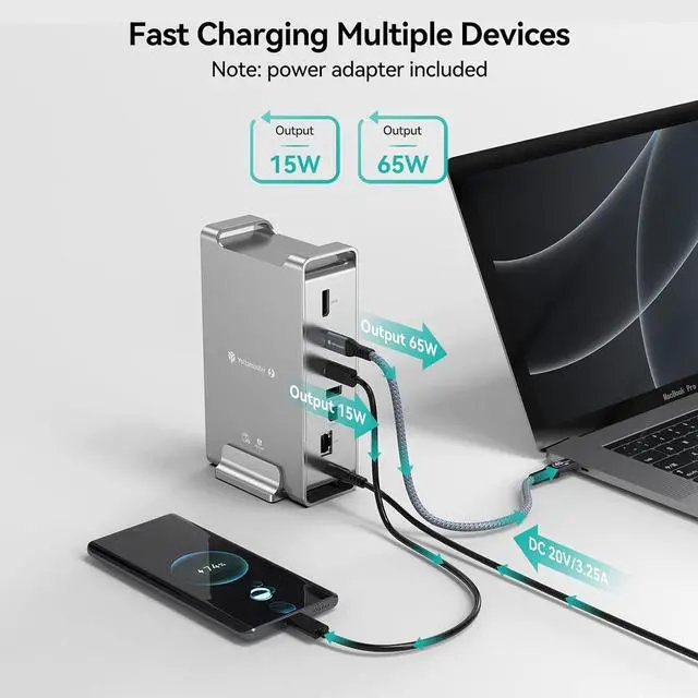 Alt view image 5 of 7 - Yottamaster 40Gbps USB C Docking Station Compatible with Thunderbolt 3, 15 in 1 USB C Dock for Dual 4K Display, DisplayPort, 65W PD Charging, S/PDIF, 6 USB, Gigabit Ethernet, SD/TF [DS02]