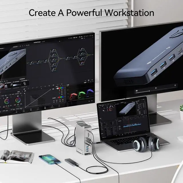 Alt view image 6 of 7 - Yottamaster 40Gbps USB C Docking Station Compatible with Thunderbolt 3, 15 in 1 USB C Dock for Dual 4K Display, DisplayPort, 65W PD Charging, S/PDIF, 6 USB, Gigabit Ethernet, SD/TF [DS02]