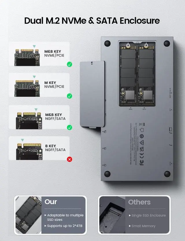Alt view image 3 of 7 - Yottamaster 40Gbps USB C Docking Station with Dual-Bay 4TB M.2 NVMe+SATA SSD Enclosure Adapter Compatible with Thunderbolt 3, Support 8K@60Hz DP, PD60W, Ethernet, 4 USB Ports, Audio [DS05-Diskless]