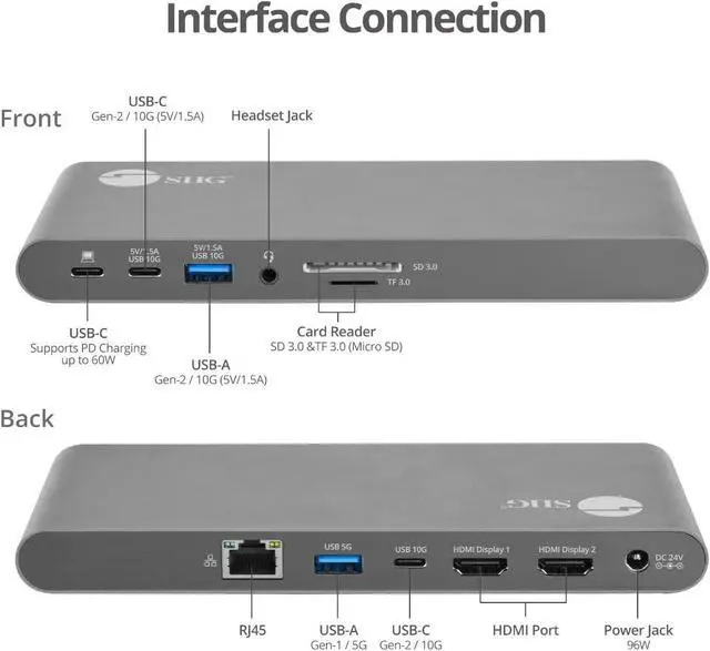 Alt view image 3 of 7 - SIIG 4K USB-C MST Docking Station Dual 4K60Hz Display for Windows Laptops, Thunderbolt 3 Compatible, 60W PD, HDMI, Ethernet, SD/TF 3.0, USB 10G, Audio, Vertical/Horizontal Design (JU-DK0N11-S1)