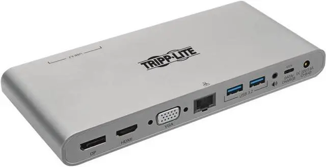 Main image of Tripp Lite International USB-C Docking Station, Triple Monitor Support, EU & UK Power Cables, 4K @ 30Hz HDMI & DisplayPort, VGA, Gigabit Ethernet, 100W USB-C Charging, 3-Year Warranty (U442-DOCK4-INT)