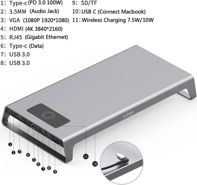 Alt view image 6 of 7 - Onten USB-C Docking Station.Laptop,Monitor Stand with Wireless Charging.VGA,4K HDMI Display,USB 3.0,USB-C. for MacBook Pro m1/m2/Dell/Surface/All-in-one Desktop and More USB-C Devices