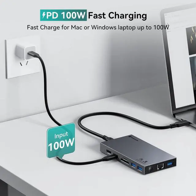 Alt view image 5 of 7 - Yottamaster Aluminum USB C Hub with M.2 NVMe SSD Enclosure, 10-in-1 USB C Docking Station 10Gbps for NVMe PCI-E M.2 SSD, Support 100W Charging, 4K HDMI, RJ45, 4 USB Ports, Audio, SD/TF Card Reader
