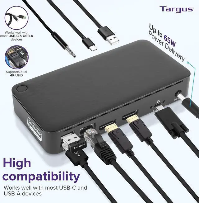 Alt view image 2 of 6 - Targus USB C Docking Station Universal DV4K, USB C Laptop Docking Station Dual Monitor 2 DisplayPort, Power Delivery 3.0 65WDC, Works w/ Operating Systems Like Windows, Mac, Android, iOS (DOCK315USZ)