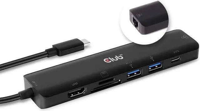 Main image of CLUB3D CSV-1592 USB-C 7 in 1 Hub to HDMI 4K60HZ+SDTF Card Slot + 2X USB + USB-C PD + RJ45 Black