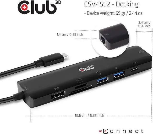 Alt view image 3 of 6 - CLUB3D CSV-1592 USB-C 7 in 1 Hub to HDMI 4K60HZ+SDTF Card Slot + 2X USB + USB-C PD + RJ45 Black
