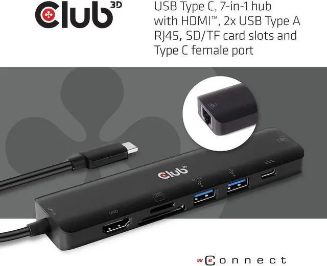 Alt view image 2 of 6 - CLUB3D CSV-1592 USB-C 7 in 1 Hub to HDMI 4K60HZ+SDTF Card Slot + 2X USB + USB-C PD + RJ45 Black