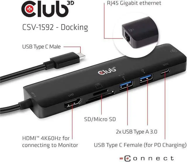 Alt view image 4 of 6 - CLUB3D CSV-1592 USB-C 7 in 1 Hub to HDMI 4K60HZ+SDTF Card Slot + 2X USB + USB-C PD + RJ45 Black