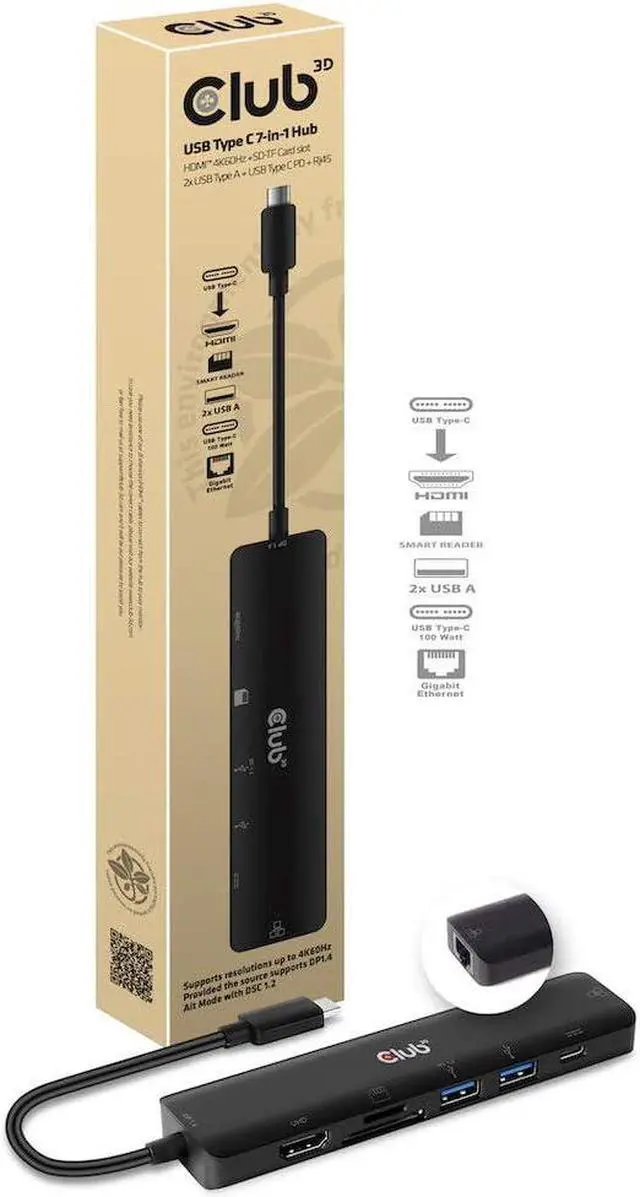 Alt view image 6 of 6 - CLUB3D CSV-1592 USB-C 7 in 1 Hub to HDMI 4K60HZ+SDTF Card Slot + 2X USB + USB-C PD + RJ45 Black