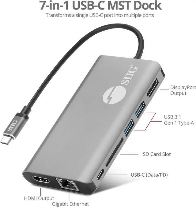Alt view image 3 of 7 - SIIG USB-C MST Video with Hub, LAN and PD 3.0 Docking, USB-C Multiport Adapter, 4K HDMI or Displayport Video, Dual 1080p, 100W PD, 2X USB 3.0 Ports, USB-C Port, Ethernet/SD (JU-DK0F11-S1)