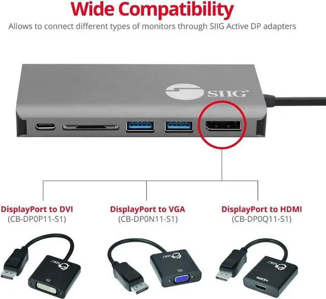 Alt view image 7 of 7 - SIIG USB-C MST Video with Hub, LAN and PD 3.0 Docking, USB-C Multiport Adapter, 4K HDMI or Displayport Video, Dual 1080p, 100W PD, 2X USB 3.0 Ports, USB-C Port, Ethernet/SD (JU-DK0F11-S1)