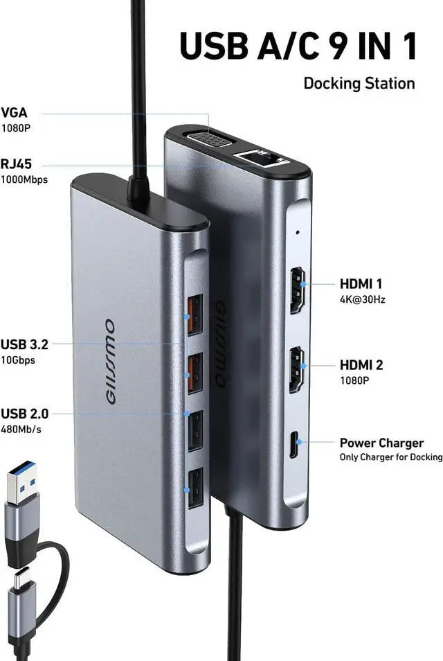 Alt view image 2 of 6 - USB Docking Station Dual Monitor, GIISSMO 9-in-1 USB A 3.0 / USB C Docking Station Triple Monitor with 2 HDMI,VGA, 10Gbps USB 3.1, Gigabit Ethernet, Triple Display for Mac & MacBook & Windows Laptop
