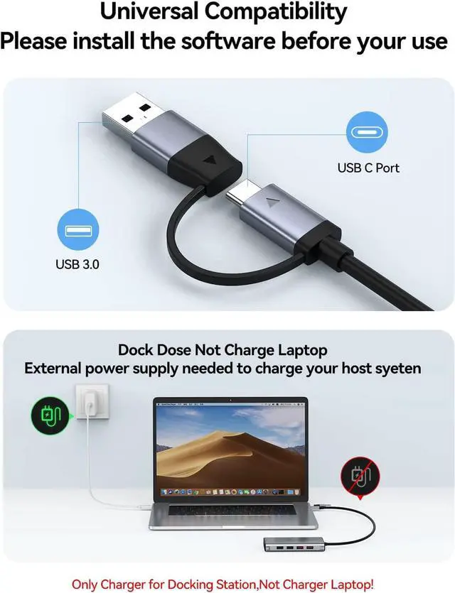 Alt view image 6 of 6 - USB Docking Station Dual Monitor, GIISSMO 9-in-1 USB A 3.0 / USB C Docking Station Triple Monitor with 2 HDMI,VGA, 10Gbps USB 3.1, Gigabit Ethernet, Triple Display for Mac & MacBook & Windows Laptop