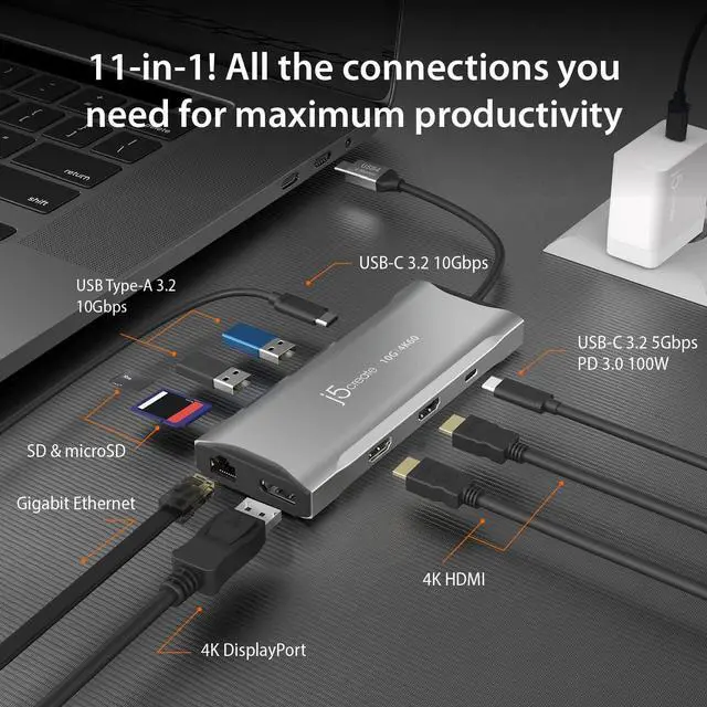 Alt view image 2 of 7 - j5create USB C 4K Triple Display Hub - 4K HDMI x2, 4K DP, 2 USB-A and USB-C 10Gbps, PD 100W, Ethernet, SD 4.0 Card Reader | for XPS, Surface Pro (JCD397)