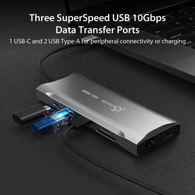 Alt view image 5 of 7 - j5create USB C 4K Triple Display Hub - 4K HDMI x2, 4K DP, 2 USB-A and USB-C 10Gbps, PD 100W, Ethernet, SD 4.0 Card Reader | for XPS, Surface Pro (JCD397)
