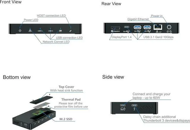 Alt view image 7 of 7 - Mini Portable Thunderbolt 3 Dock 8-in-1 with NVMe SlotUp to 2800Mbps, DisplayPort 1.4(8k@60Hz), 1Gb Ethernet, 3xUSB 3.1 Ports(10Gbps), 60W PD Charging for iMac, MacBook Pro, Windows Laptops