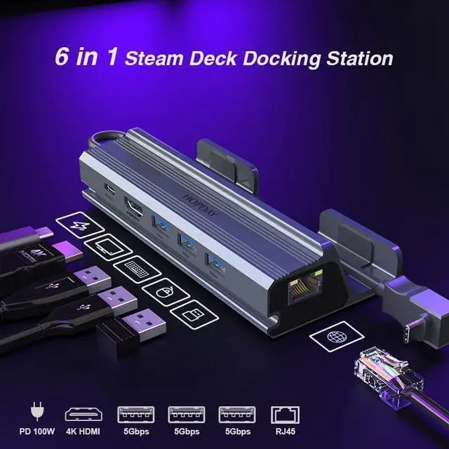 Alt view image 2 of 7 - 6 in 1 Steam Deck Docking Station, Steam Deck Dock with HDMI 4K@60Hz, 3*USB 3.0, 100W PD Charging, 1Gbps Ethernet, Steam Deck Accessories Stand for Valve Deck