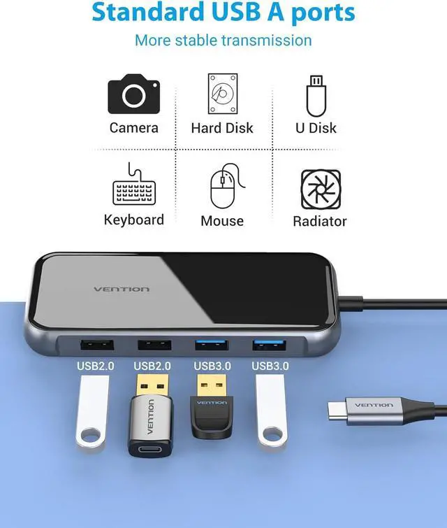 Alt view image 7 of 7 - VENTION USB C Docking Station Dual Monitor - 10 in 1 USB C Hub Multiport Adapter with 4K HDMI VGA 100W PD 4 USB Ports Gigabit Ethernet SD/TF Card Reader for MacBook Pro Air Dell XPS HP