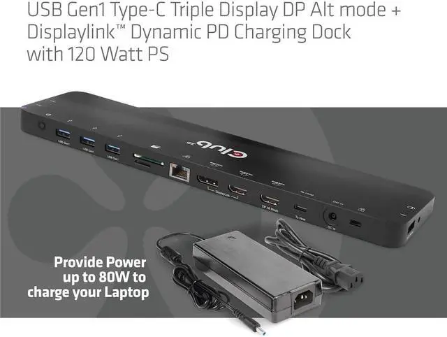 Alt view image 6 of 7 - Club3D USB-C 3.2 Gen2 Triple Display DP Alt Mode + Displaylink Dynamic PD Charging Dock with 120W Power Black