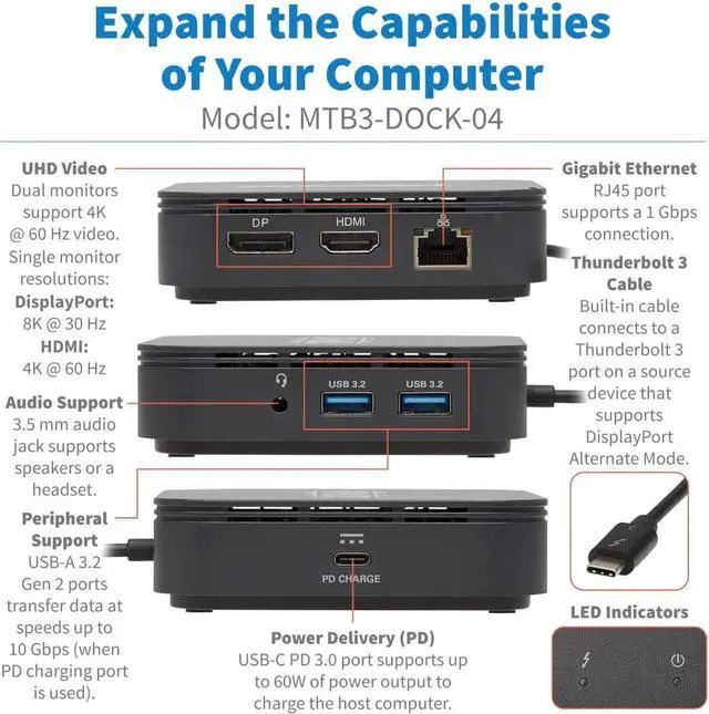 Alt view image 2 of 7 - Tripp Lite Thunderbolt 3 Dock Dual Display 8k DP 4k HDMI USB-A Hub Gbe (MTB3-DOCK-04)