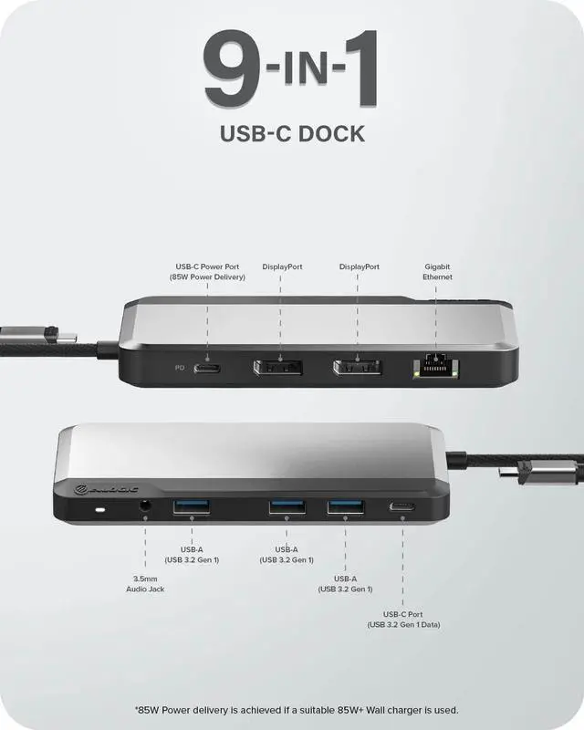 Alt view image 2 of 7 - ALOGIC USB-C Dual Display 1080p FHD Dock; 85W Power Delivery; 3X USB-A; 2X USB-C; 2X DisplayPorts; Ethernet & Audio Jack; MX2 lite DisplayPort Edition.