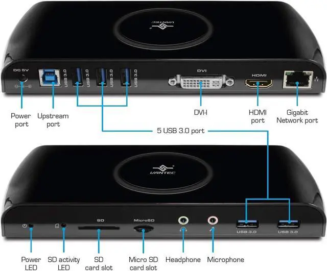 Alt view image 2 of 6 - Vantec USB 3.0 Universal Dual Video Docking Station with SD Reader (DSH-300U3)