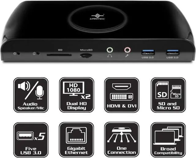 Alt view image 3 of 6 - Vantec USB 3.0 Universal Dual Video Docking Station with SD Reader (DSH-300U3)