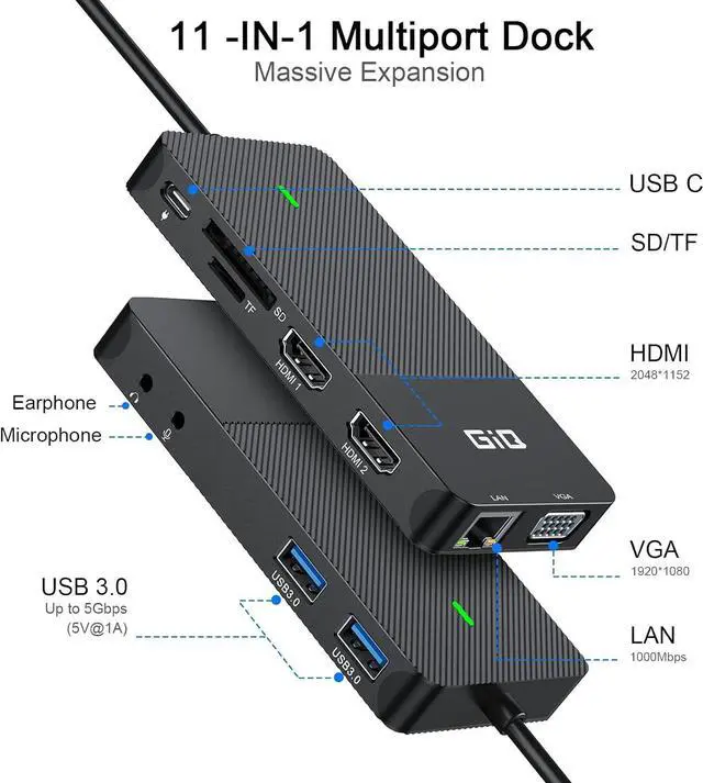 Alt view image 2 of 6 - GIQ USB C hub USB 3.0 to Dual HDMI VGA Adapter Triple Display Laptop Docking Station Dual Display Compatible for MacBook M1 USB Dock-Black