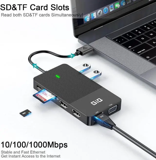 Alt view image 5 of 6 - GIQ USB C hub USB 3.0 to Dual HDMI VGA Adapter Triple Display Laptop Docking Station Dual Display Compatible for MacBook M1 USB Dock-Black