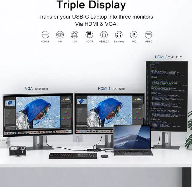 Alt view image 6 of 6 - GIQ USB C hub USB 3.0 to Dual HDMI VGA Adapter Triple Display Laptop Docking Station Dual Display Compatible for MacBook M1 USB Dock-Black