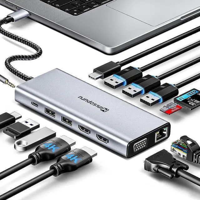 Main image of USB C Docking Station Dual Monitor, 13 In 1 Minisopuru USB C Hub Dual HDMI Adapter For 2 Monitors, DP, 5 USB A Ports, USB C Dock PD Charger, SD/TF, Mic/Audio, Ethernet, USB C Data, For Windows Laptops