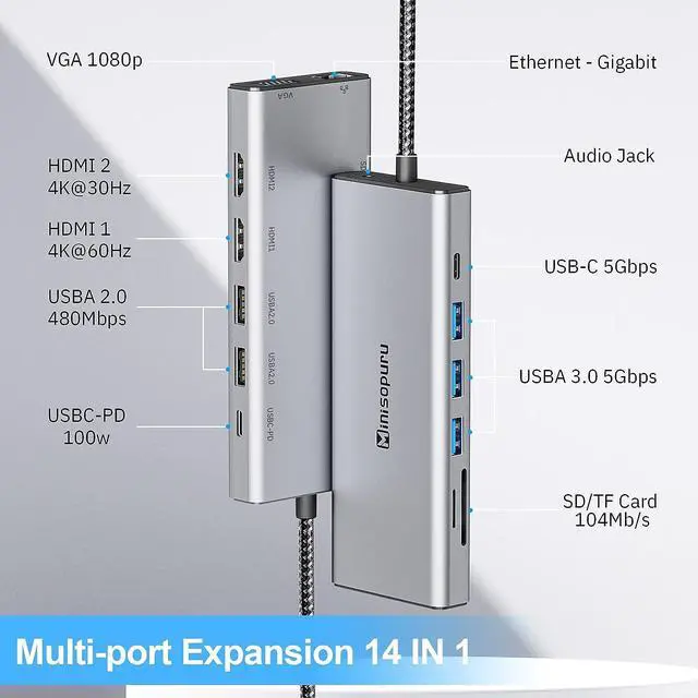 Alt view image 2 of 7 - USB C Docking Station Dual Monitor, 13 In 1 Minisopuru USB C Hub Dual HDMI Adapter For 2 Monitors, DP, 5 USB A Ports, USB C Dock PD Charger, SD/TF, Mic/Audio, Ethernet, USB C Data, For Windows Laptops